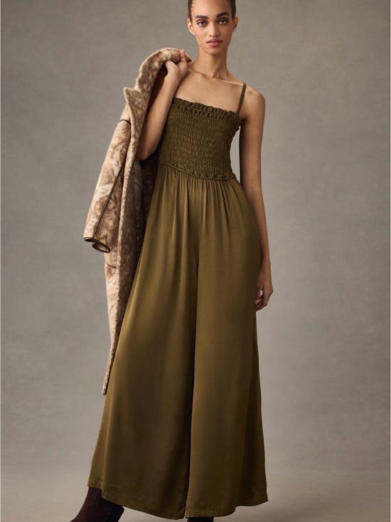 Pilcro Pants - Pilcro Olive Green Smocked-Strap Wide-Leg Jumpsuit